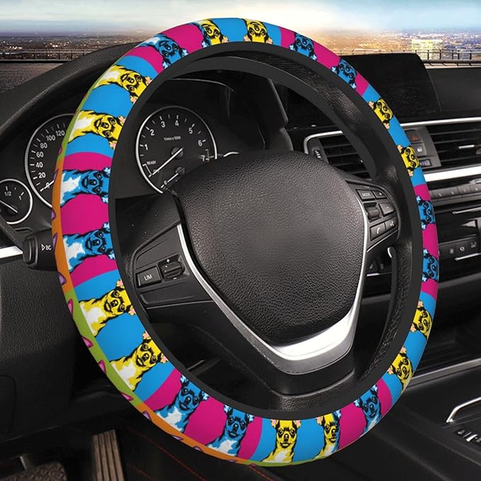 Chihuahua Dog Art Car Steering Wheel Cover, 15 Inch Steering Wheel Cover Stylish Decor for Most Cars