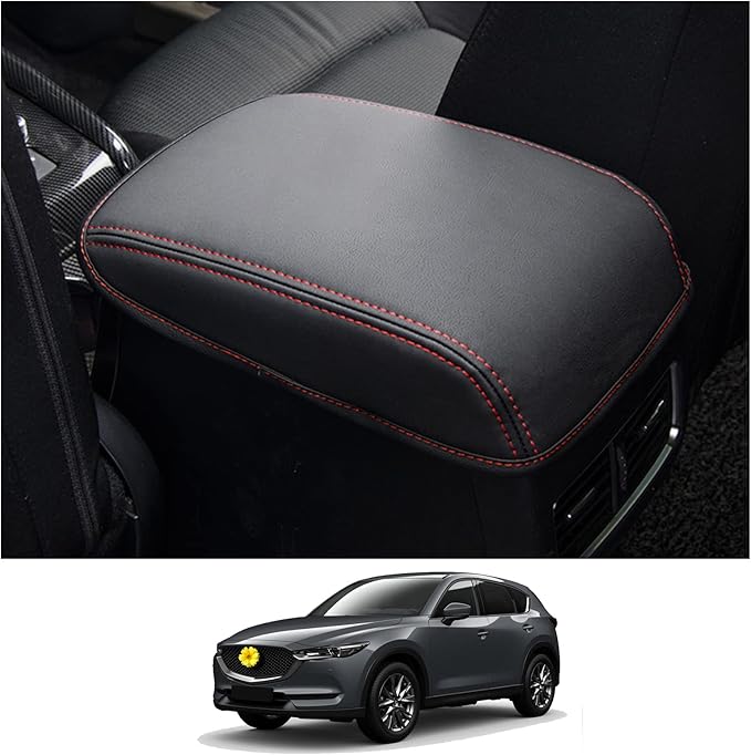 CDEFG 2024 2025 CX-5 Center Console Cover Armrest Pad Compatible with 2018-2023 2024 2025 Mazda CX5 CX-5 Console Lid Protective Cover Black Leather Scratch Resistance (Red Line)