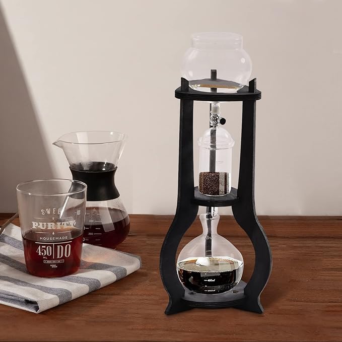 Iced Coffee Cold Brew Drip Tower Coffee Maker, Wooden Ice Coffee Machine, Stainless Steel and Borosilicate Glass, Long Neck Sharing Pot, with Measuring Spoon (Grey)