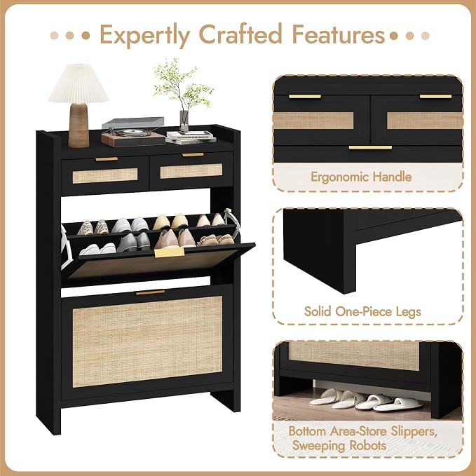 HOKYHOKY Rattan Shoe Storage Cabinet with 2 Drawers & 2 Flip Drawers – Hidden Slim Shoe Organizer for Entryway, Large Tabletop Space, Farmhouse Boho Narrow Shoe Rack, Rustic Black