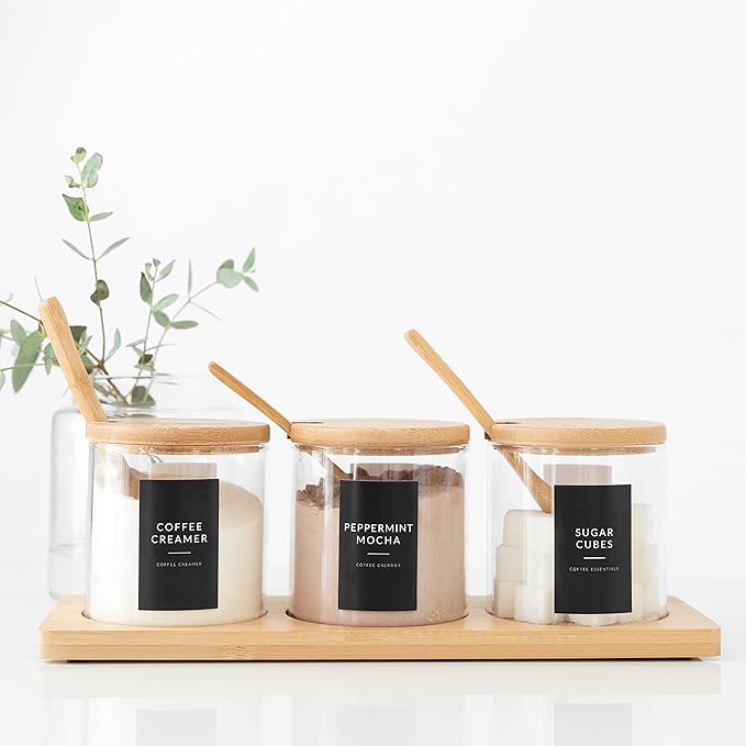 Black Coffee Bar Essentials Labels, 72 Preprinted Coffee Syrup Station Organizer Stickers, Accessories and Gifts for Coffee Lovers
