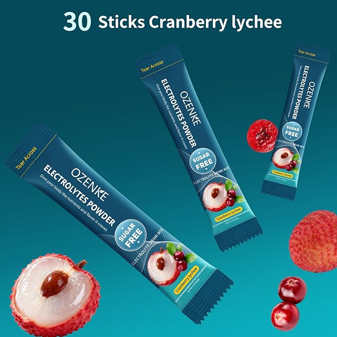 Electrolytes Powder Packets, 30 Sticks Hydration Packet Sugar Free, Electrolyte Drink Mix Travel Electrolyte for Rapid Hydration, Cranberry Lychee