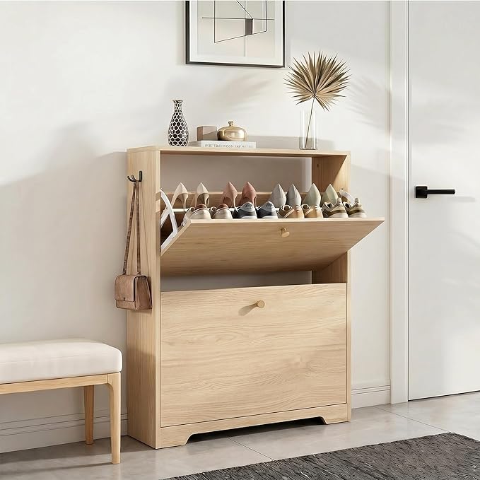 Nicetree Shoe Cabinet with 2 Flip Drawers, Narrow Shoe Organizer Cabinet, Freestanding Shoe Rack Cabinet, Modern Shoe Storage Cabinet for Entryway, Hallway, Foyer Natural Oak with Hook