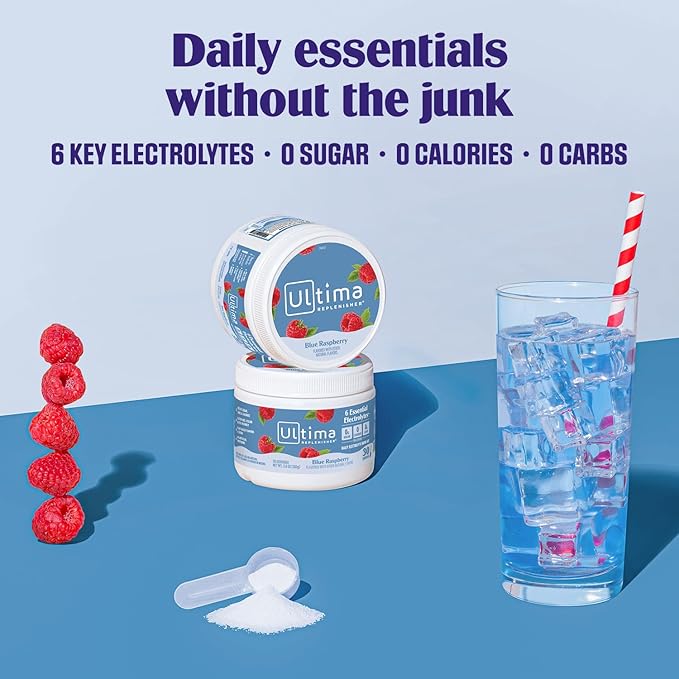 Ultima Replenisher Daily Electrolyte Powder Drink Mix – Sugar Free – Blue Raspberry, 30 Servings – Hydration Powder with 6 Electrolytes and Trace Minerals – Keto Friendly, Vegan, Non-GMO