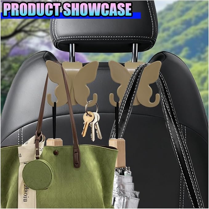 2PCS Cute Butterfly Car Seat Headrest Hook, Multifunctional Auto Interior Bag Organizer Holder, Car Back Seat Hanging Storage Double Hooks for Purse, Bag, Coat, Umbrella(Brown)