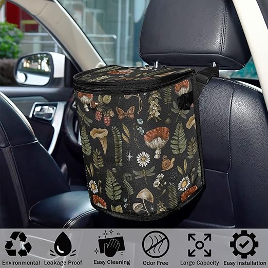 Mushrooms Car Trash Can Vintage Flower Butterfly Dragonfly Car Garbage Bag with Lid Hanging Waterproof Leak Proof Vehicle Storage Bin