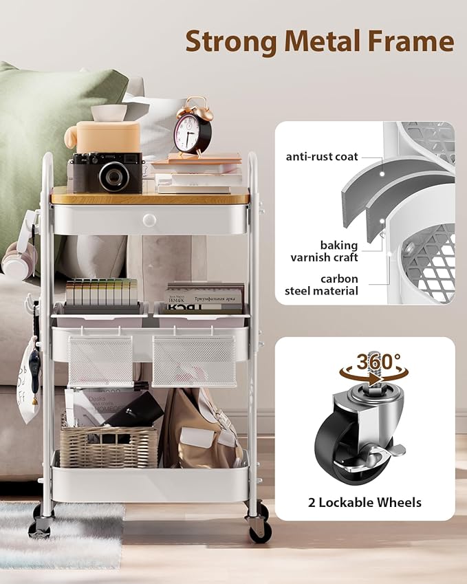 ALVOROG Rolling Cart with Drawer and Wood Table Top, 3 Tier Metal Rolling Utility Cart on Wheels with DIY Pegboards, Hanging Baskets, Hooks for Kitchen, Bedroom, Office, Craft Supplies