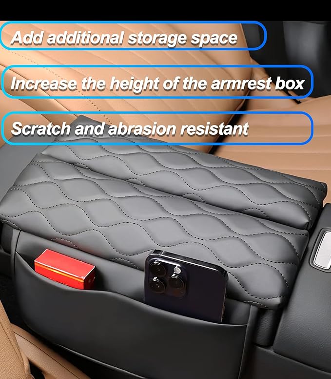 Egreat Center Console Armrest Cover for Mercedes Benz E-Class e350 e450 2024-2025, CLE 2024-2025,EQE 2023-2025,Leather Armrest Console Cover with Side Storage Pockets-(Black)