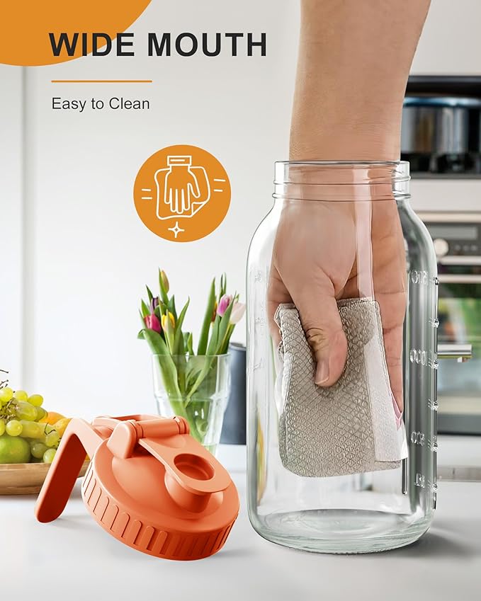 2 Pack Glass Mason Jar Pitcher with Lid, 64 oz (2 Quart) Leakproof Water Pitcher with Handle for Sun Tea, Cold Brew, Milk & Juice, White & Orange