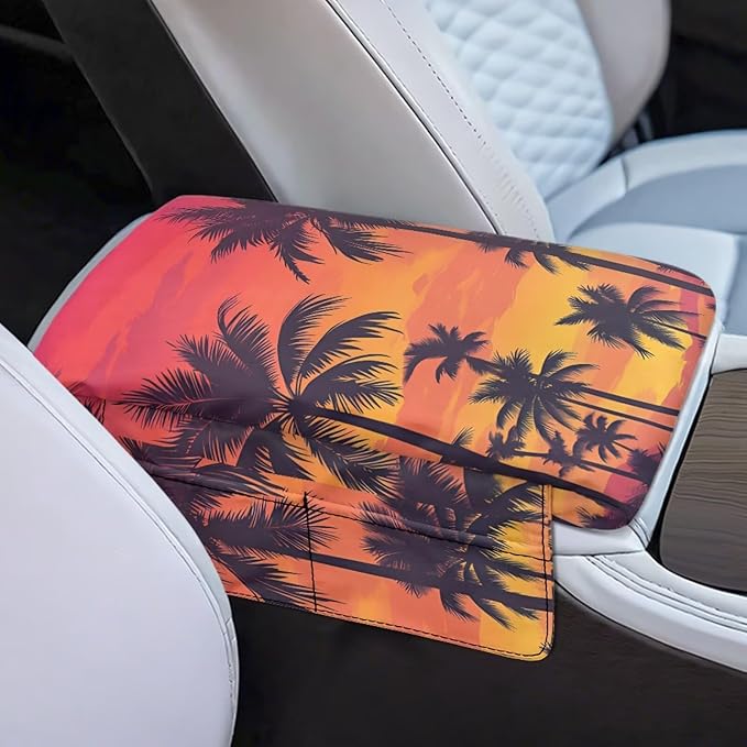 Dreaweet Palm Tree Print Center Console Armrest Cover with Side Pockets Thick Armrest Cover for Car Truck SUV Van,Soft Non-Slip Car Arm Rest Cover Pad