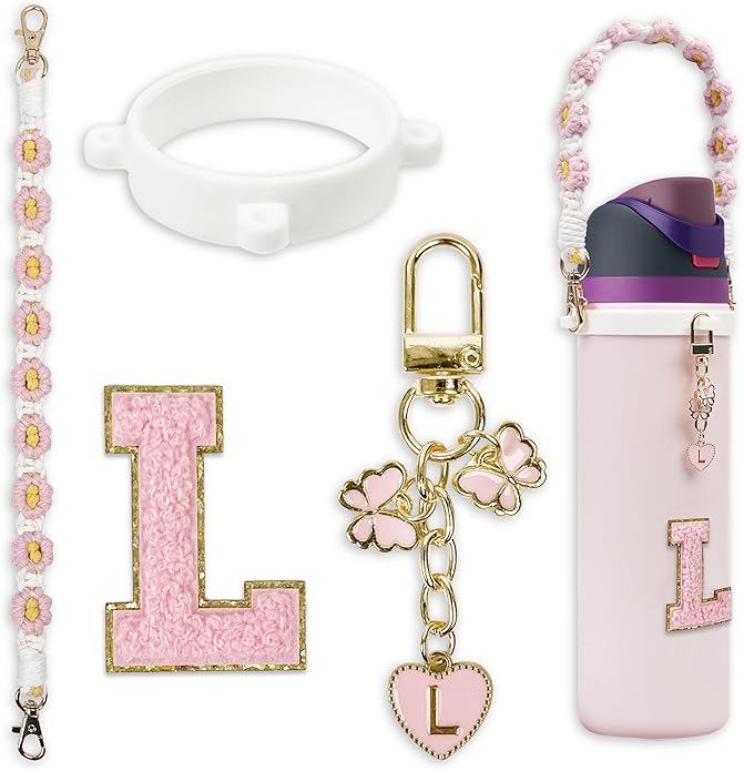 Compatible with Owala Water Bottle Accessories, Cute Letter Charm Set with Boho Handle Strap, Monogram Sticker, Silicone Ring, Keychain Decoration, for FreeSip 24 32 40oz, Owala Kids, Tumbler Gift