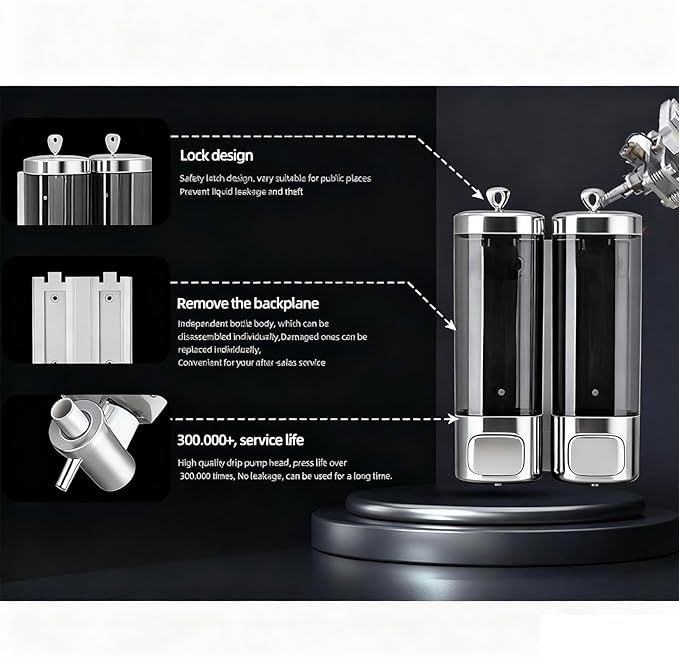 AUNMAS Double, Wall Mounted Manual Gel Hand Hand Pump Drip Proof for Home Kitchen Bathroom (Metal Silver)