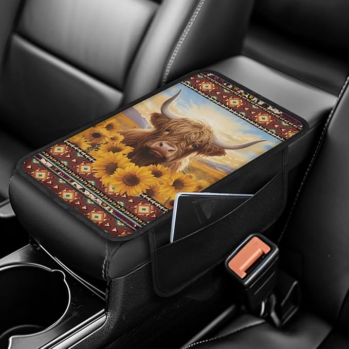 BIGCARJOB Car Center Console Cover Funny Highland Cow Print Auto Interior Accessories Car Armrest Cover Cushion Car Armrest Storage Box Sunflower Print Armrest Cover for Car SUV Truck