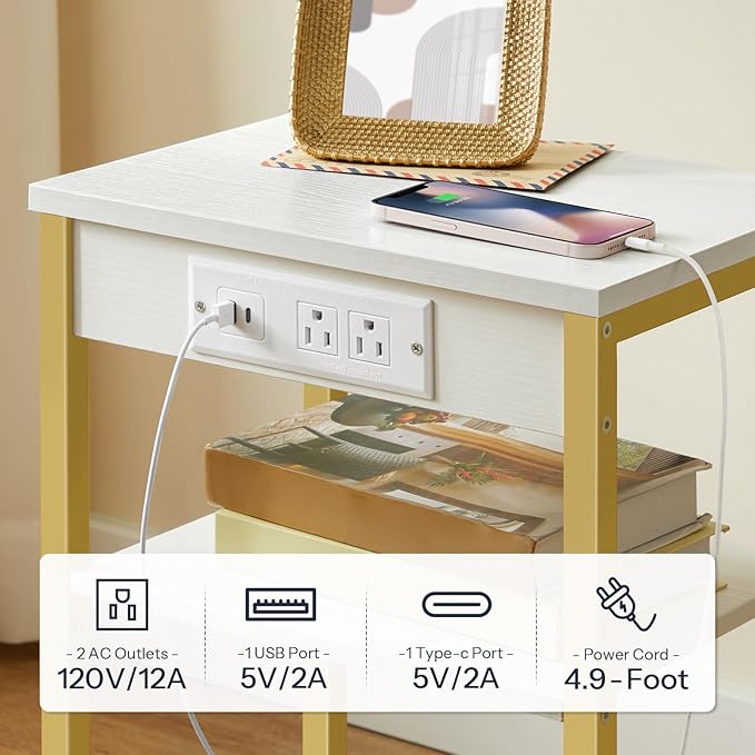 HOOBRO Side Tables Set of 2 with Charging Station and USB Port, Small End Tables for Small Space, 3-Tier Nightstands with Adjustable Shelf, for Living Room, Bedroom, White and Gold DW112BZP201G1