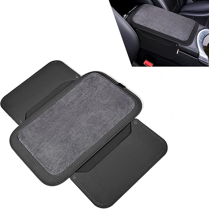 Upgraded Car Center Console Cover, Furry Soft & Comfortable Center Elbow Cushion with Two Side Storage Pockets, Luxury Leather Plush Armrest Pad Decoration, for Most Vehicles (Black)