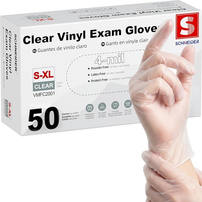 Schneider Clear Vinyl Exam Gloves, Latex-Free, Disposable Medical Gloves, Cleaning Gloves, Food Safe, Powder-Free, 4 mil