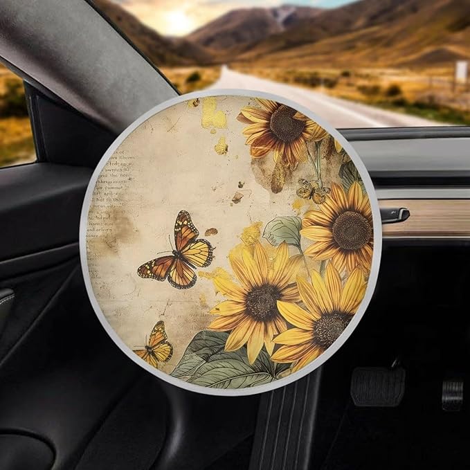 Anti-Heat Steering Wheel Sun Shade Cover Retro Sunflower Butterfly Pattern 17"x17" Car Steering Wheel Cover Steering Wheel Sun Heat Shield Fit Most Car Truck Van SUV