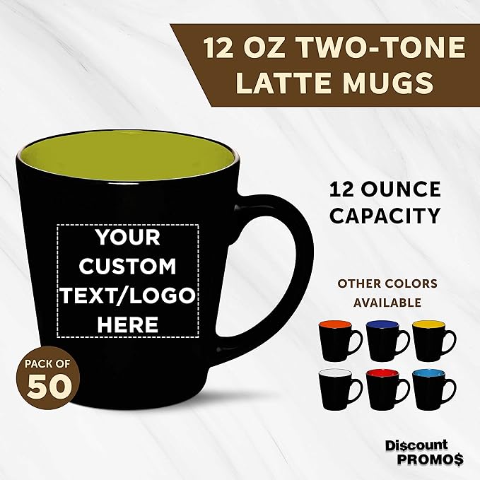 Custom Ceramic Coffee Latte Mugs 12 oz. Set of 50, Personalized Bulk Pack - Perfect for Coffee, Tea, Espresso, Hot Cocoa, Other Beverages - Lime Green