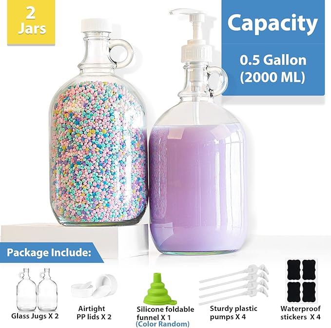 2 Pack 64 Oz Laundry Detergent Dispenser with Pump and Lid - Half Gallon Glass Pump Bottle for Laundry Soap Dispenser, Liquid Detergent, Fabric Softener Dispenser - Extra Label, Funnel