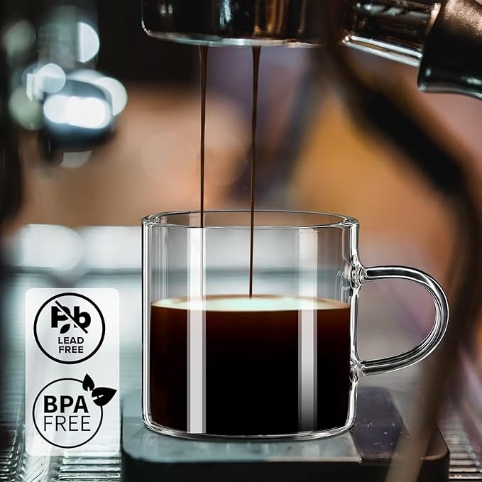 PARACITY Espresso Cups Set of 2, Espresso Shot Glass 4.3 OZ, Glass Expresso Shots Cup Small Coffee Cup with Handle, Espresso Accessories