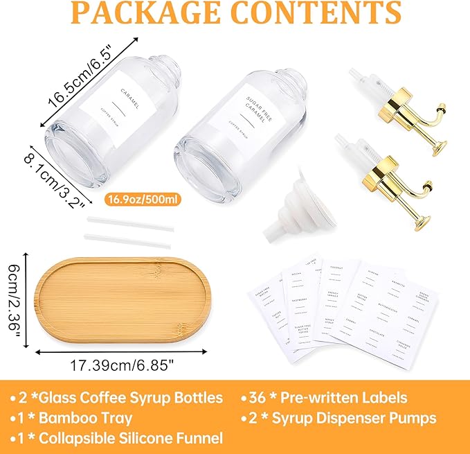 Coffee Syrup Dispenser, Coffee Bar Accessories 16.9 oz 500 ml - 2 Pack Glass Bottles with Pumps and Labels for Cafe or Home Bar, Kitchen(Gold Pump)