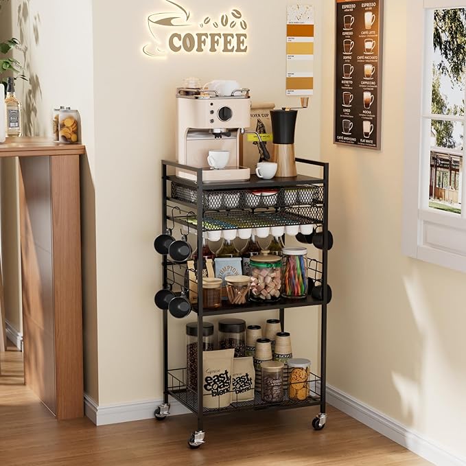 Coffee Bar Station with Storage Drawer - 5 Tier Coffee Table Countertop Organizer for K Cups, Tea Bags, Sugar Storage and Kitchen Cabinets (Black)