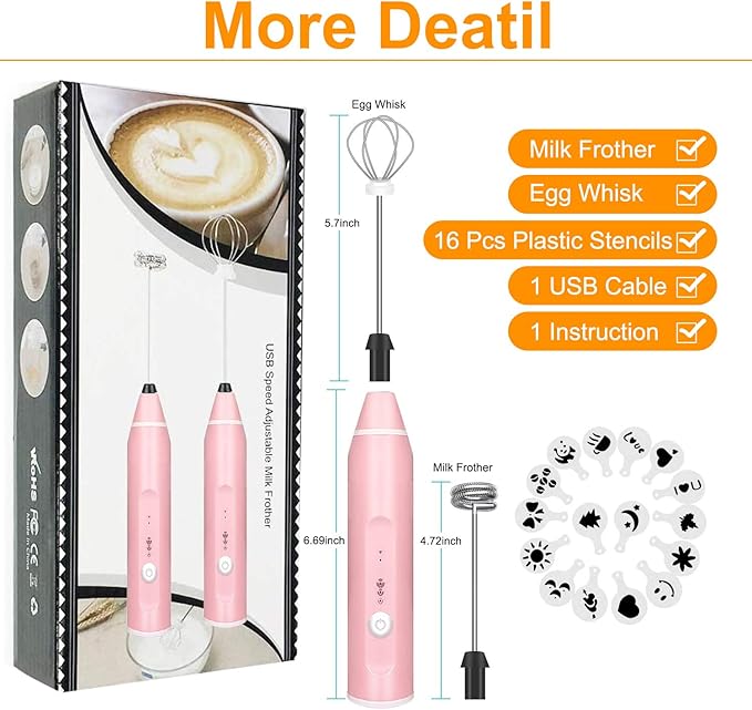 Milk Frother Handheld, Gbivbe Rechargeable Whisk Drink Mixer for Coffee with Art Stencils, Mini Foamer for Cappuccino, Hot Chocolate Match, Frappe, Hot Chocolate, Egg Whisk