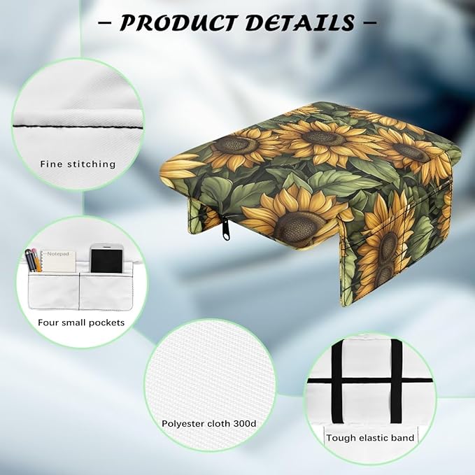 Dreaweet Car Center Console Cover with Pockets Vintage Sunflower Print Car Accessories Soft Thick Car Arm Rest Cover Pad Universal Armrest Cover for Car Truck SUV Van