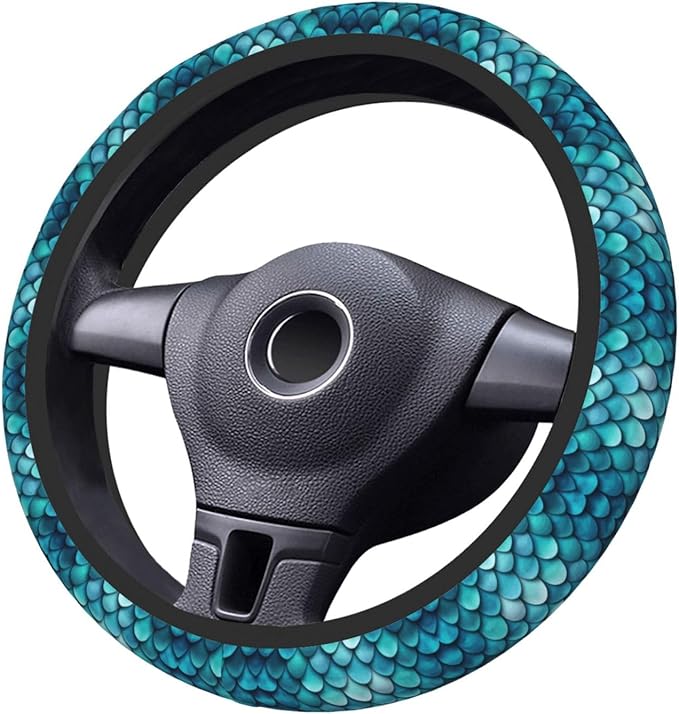 Blue Teal Mermaid Fish Scales Art Car Steering Wheel Cover, 15 Inch Steering Wheel Cover Stylish Decor for Most Cars