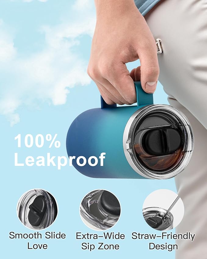Insulated Coffee Mug 24 oz, Double Wall Stainless Steel Coffee Mug with Lids, Leak-Proof & Detachable Slider Lid for Thorough Clean, Keeps Coffee Cold for 9 Hrs, Suitable for Camp Home Office