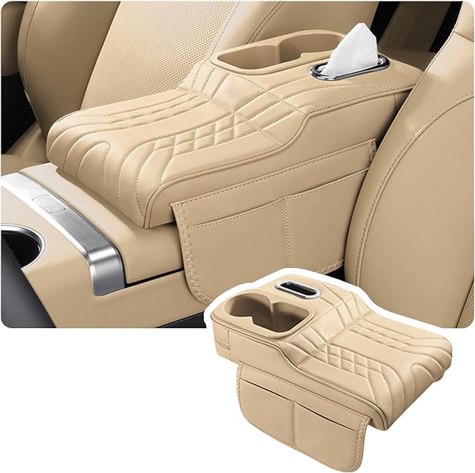 Car Armrest Storage Box for Infiniti QX60 2013–2025 2020 2021 2022 2023 2024, Sport-Style Center Console Organizer with Side Pocket, PU Leather Armrest Cushion, Elbow Support Pad,D Beige