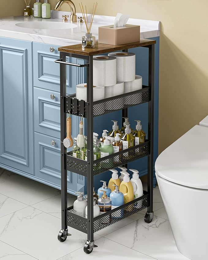 Giwil Slim Rolling Storage Cart 4 Tier Bathroom Organizer Mobile Shelving Unit Utility Cart with Wood Top and Handle for Kitchen Laundry Narrow Places, Black