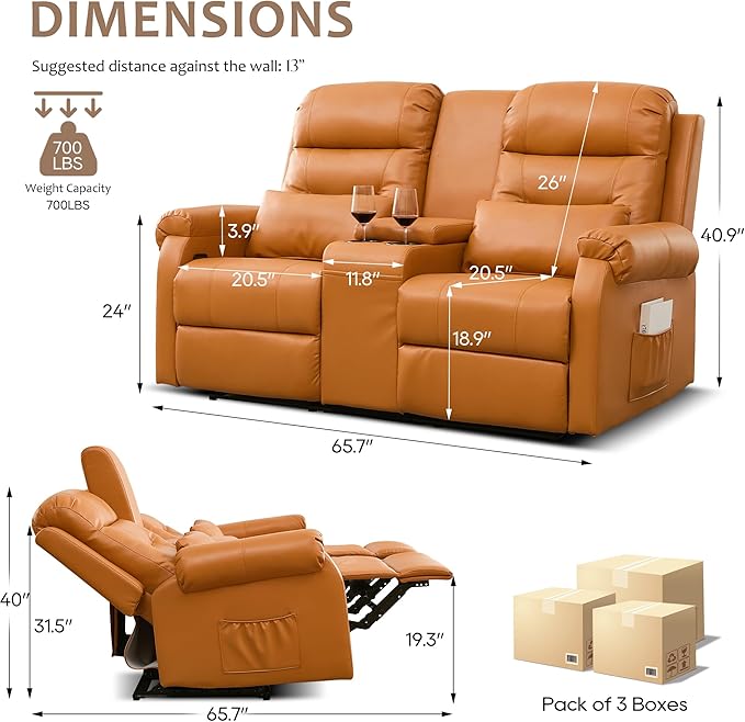 DRMBOOK RV Loveseat Recliner Sofa with Console, Faux Leather Double Wall Hugger Reclining Couch Manual Movie Seating 2 Person Recliner Chair with Cup Holders/Storage/Pocket/Lumbar Pillow, Orange
