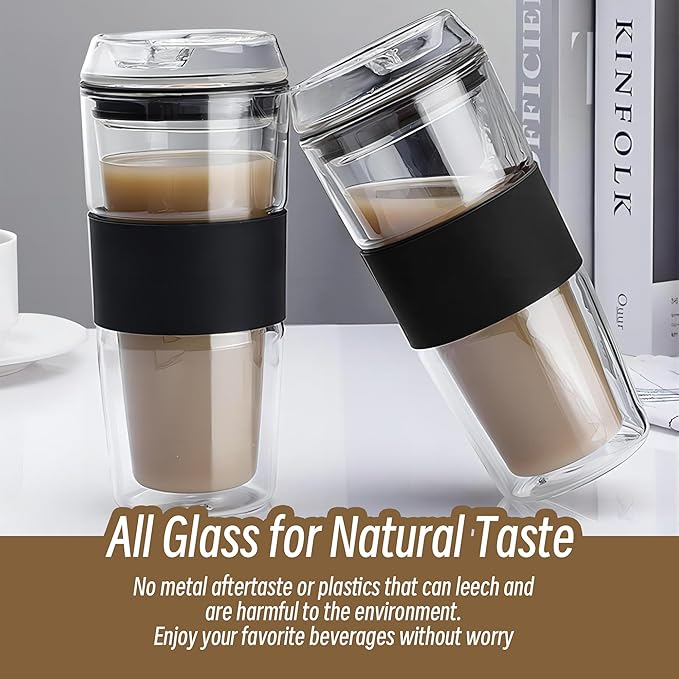 Double Wall Glass Tumbler 14 ounce All Glass Reusable Insulated Tea/Coffee Mug & Lid, Hand Blown Glass Travel Mug No Leaks, Silicone Grip for Easy Carry, Natural Taste