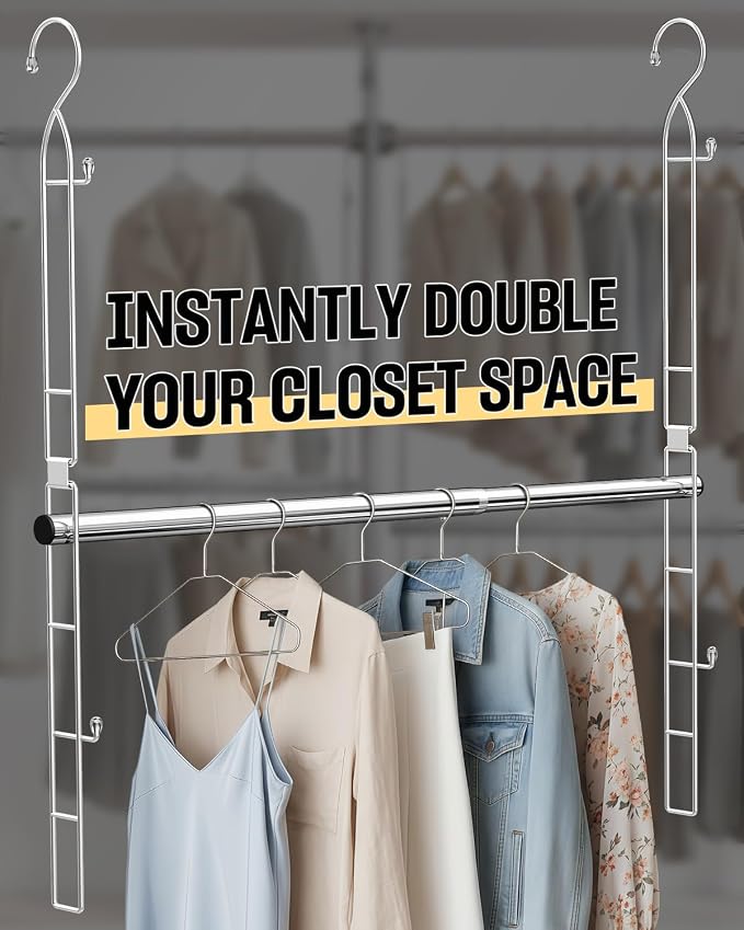 Supforce Hanging Closet Rod Stainless Steel, 1 Pack Adjustable Height & Width Closet Rod Extender, Space-Saving Closet Hanging Storage Organizer，Load up to 88LB