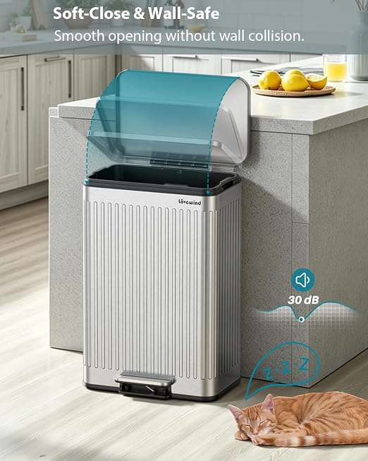 Lovewind Kitchen Trash Can, 18.5 Gallon / 70L Large Kitchen Garbage Can with Soft Close Lid – Pet Resistant, Removable Inner Bucket, Stainless Steel Trash Bin Perfect for Big Families, Silver