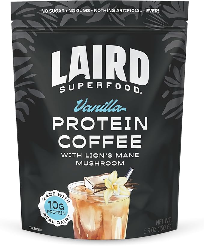 Laird Superfood Protein Coffee Powder - Vanilla Whey Protein, Instant Coffee Mix with Lion’s Mane - 10G Protein, 140mg Caffeine, 0g Sugar