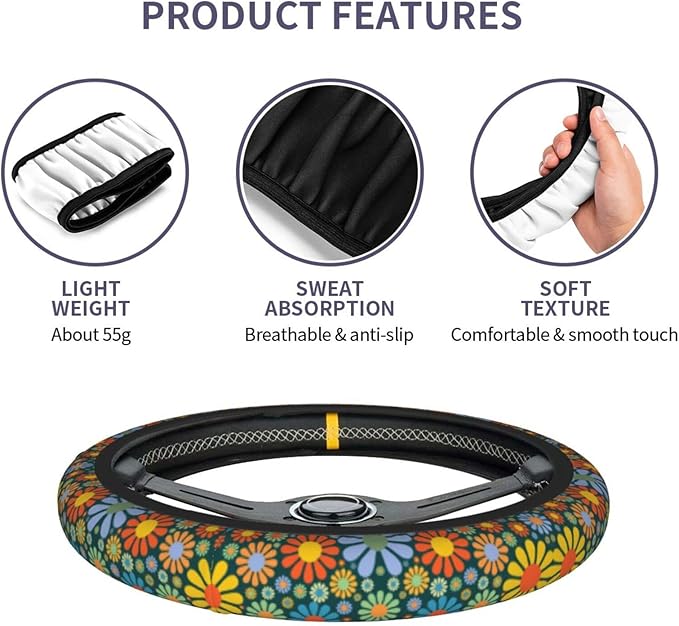 Hippie Daisy Flower Steering Wheel Cover for Women Men with 2 Pcs Car Coasters, Universal 14.5-15 Inch Rainbow Steering Wheel Covers Non-Slip Car Accessories for Girls