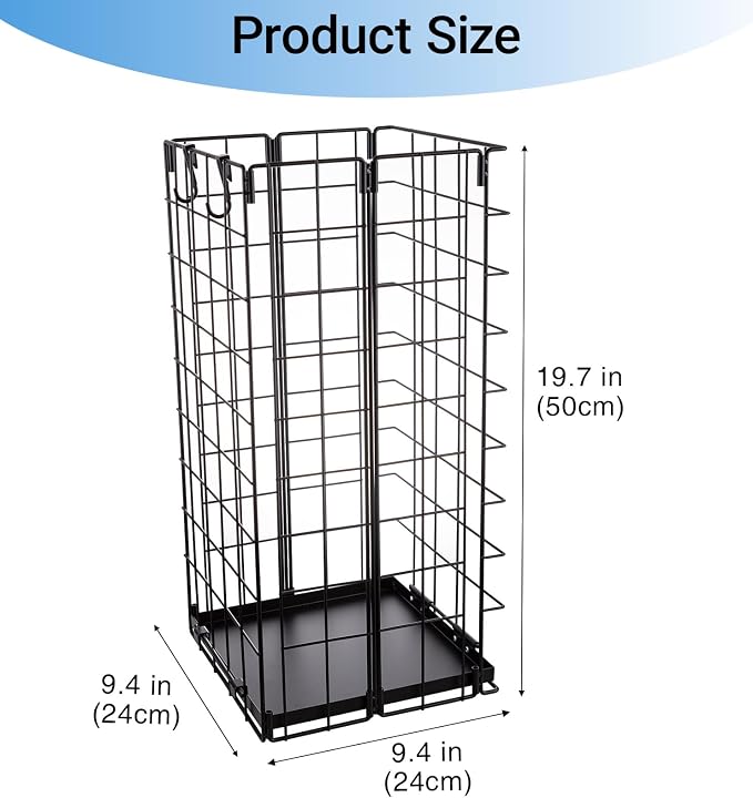 Umbrella Stand, Umbrella Holder for Entryway, Large Metal Foldable Umbrella Rack Organizer Freestanding, with Water Tray and Hooks, Rectangular Hollow Rack 9.5 x 9.5 x 19.7 Inches (Black)