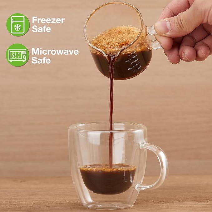 Mfacoy 2 Pack Measuring Cups, 75ML Espresso Cups with Handle, Espresso Shot Glasses with V-Shaped Mouth, Clear Accessories, Milk Frothing Pitcher | with Handle, with V-Shaped Mouth, Accessories