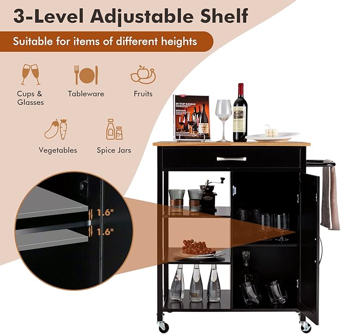 Giantex Kitchen Island - Mobile Kitchen Cart on Wheels, 1-Door Storage Cabinet, Large Drawer, 3 Tier Shelves, Rubber Wood Countertop, Towel Handle, Rolling Serving Cart for Dining Room Bar (Brown)