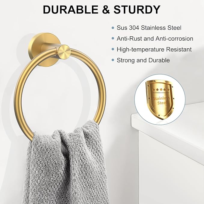 SetSail Towel Holder for Bathroom Wall Gold Towel Ring Stainless Steel Hand Towel Holder for Bathroom, Kitchen Drill Hole, 2 Packs
