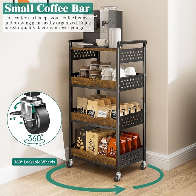 Giwil 4-Tier Rolling Storage Cart, Small Coffee Bar Crafts Makeup Cart with Wooden Top Snack Organizer for Pantry, Utility Kitchen Cart On Wheels for Onions Potatoes, Black