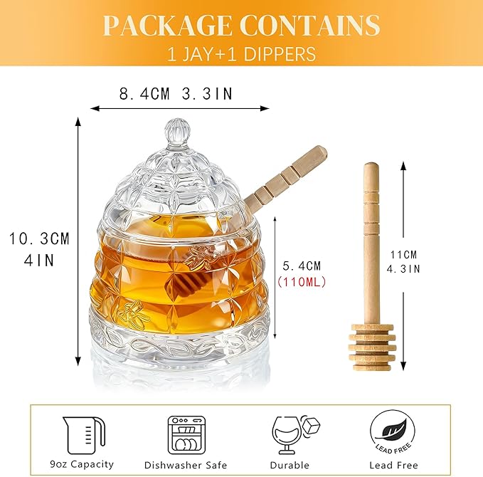 kanpura Honey Pot with Dipper and Lid 3.7oz Glass Honey Jar with Wooden Dippers Stick Set Syrup Dispenser for Home Kitchen (Clear)
