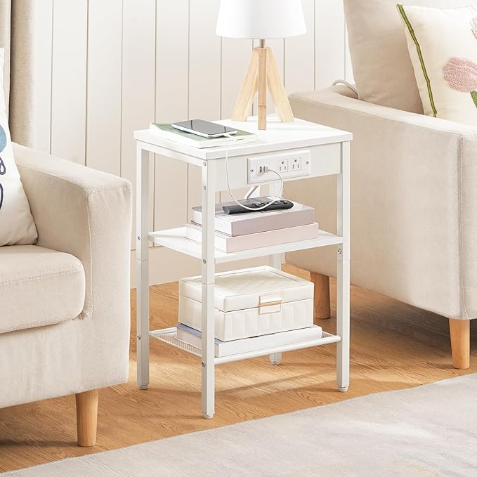 HOOBRO Side Tables Set of 2 with Charging Station and USB Port, Small End Tables for Small Space, 3-Tier Nightstands with Adjustable Shelf, for Living Room, Bedroom, White WW112BZP201