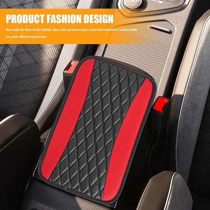 Car Center Console Cover, Leather Waterproof Armrest Seat Box Cushion Pad, Universal Decor Protector Mat, Comfortable Car Decor Accessories Fit for Most Cars, Vehicles, SUVs (Red)