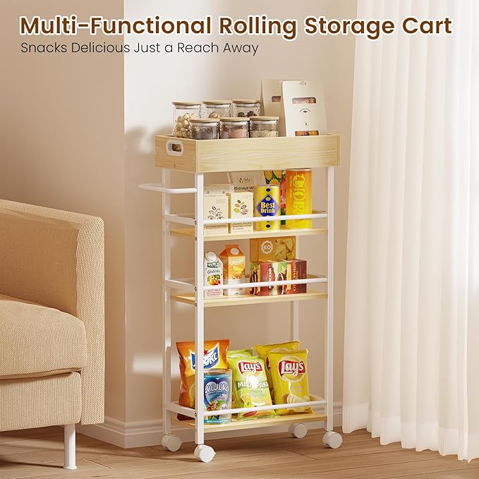 Slim Storage Cart, 4-Tier Small Rolling Cart with Wheels, 8.5" Deep, Narrow Bathroom Shelf Trolley for Kitchen, Bathroom, Laundry Room, White Medium 4-Tier (8.5" W x34.7 H)