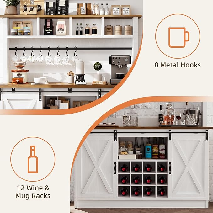 4ever2buy Farmhouse Coffee Bar Cabinet with 4 Storage Hutch, 55 Inch Wine Bar with 12 Wine Racks and 8 Hooks, Hutch Storage Cabinet with Sliding Barn Doors for Kitchen Dining Living Room, White