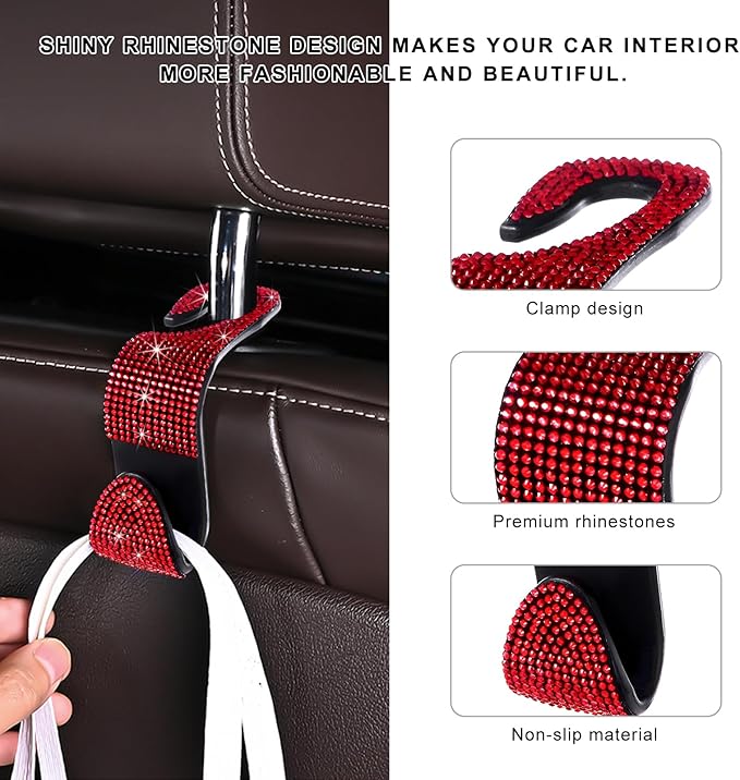 4 PCS Car Seat Headrest Hooks, Bling Crystal Rhinestone Back Seat Hanger Storage Organizer, Sparkly Seatback Holder Hooks for Purse and Bags Universal For Most Vehicles (Red)