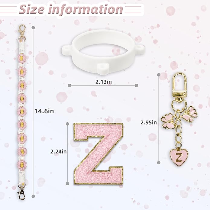 Compatible with Owala Water Bottle Accessories, Cute Letter Charm Set with Boho Handle Strap, Monogram Sticker, Silicone Ring, Keychain Decoration, for FreeSip 24 32 40oz, Owala Kids, Tumbler Gift